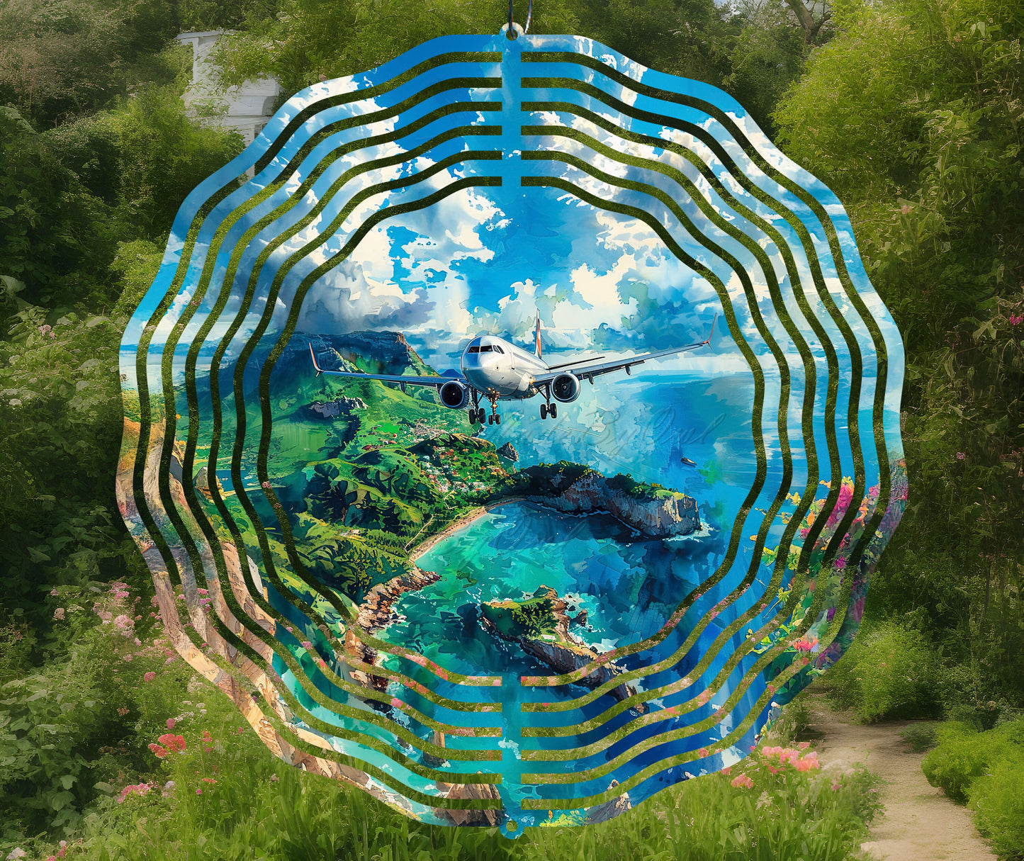 Coastal Landscape Wind Spinner PNG, Ocean Wind Spinner Wrap Design, Airplane 10-Inch Sublimation PNG, Popular Spinner Digital Download