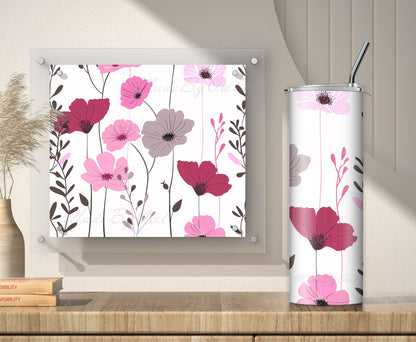 Pink and Gray Flower Boho Tumbler Wrap, 20 oz Sublimation Design PNG