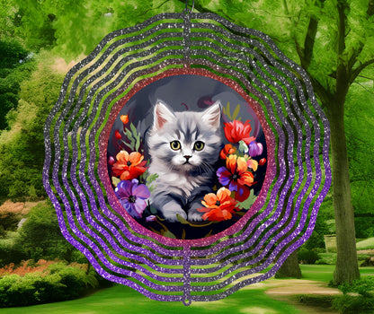 Cute Kitten and Flowers Wind Spinner Sublimation Design PNG