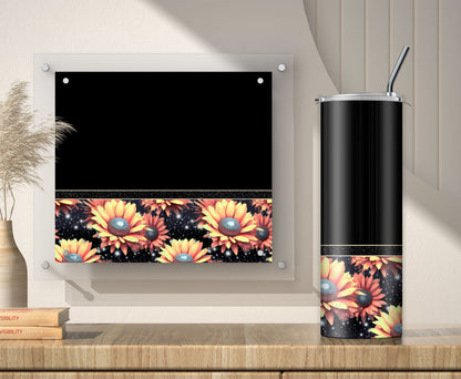 Black Floral Tumbler Wrap, 20oz Sunflowers Sublimation Design PNG