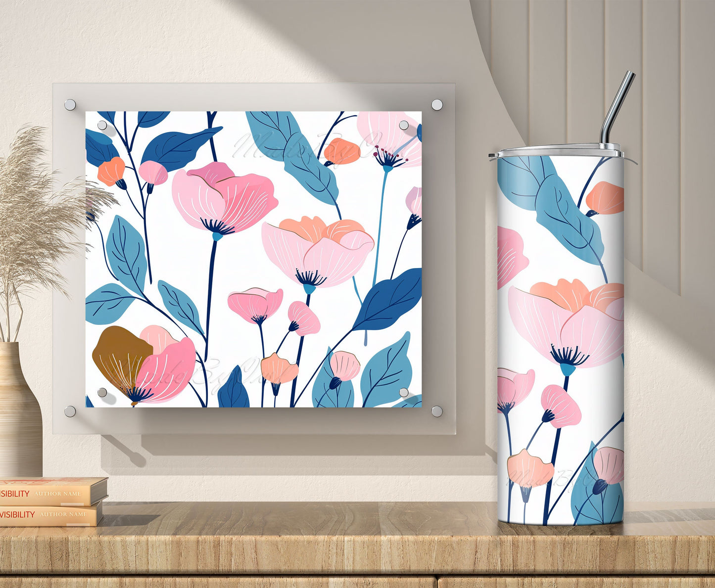 Pink and Blue Floral Boho Tumbler Wrap, Sublimation Design PNG