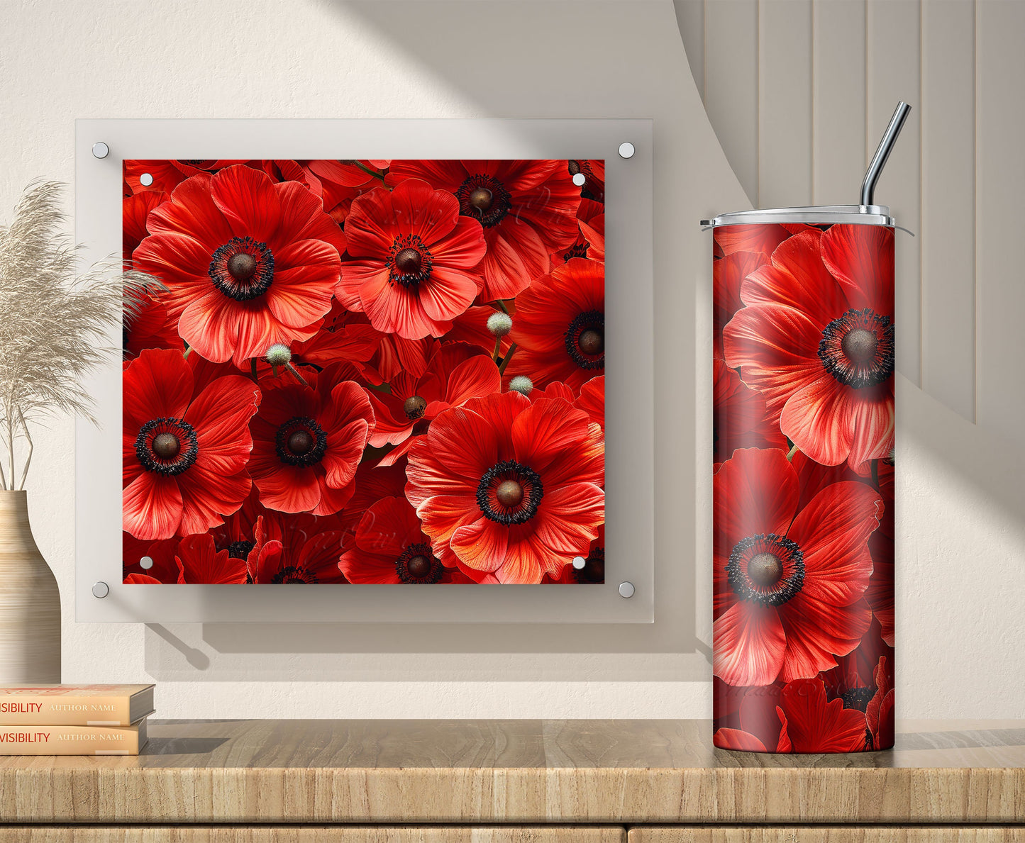 Red Poppies Tumbler Wrap Sublimation Design PNG, 20 oz