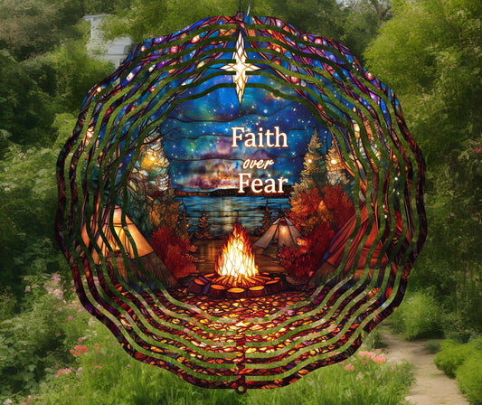Christian Wind Spinner PNG, Faith Over Fear, Camping Wind Spinner Sublimation Design, Motivational Art, Stained Glass PNG, Digital Download