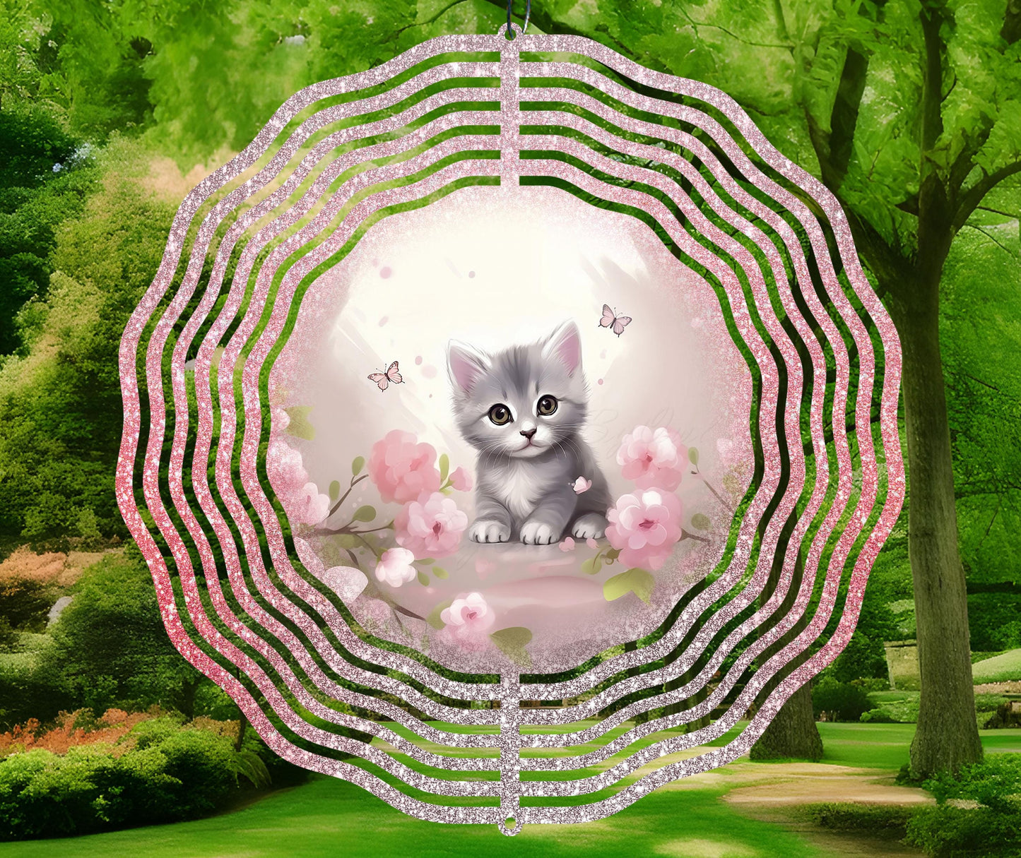 Cute Kitten with Flowers Sublimation Wind Spinner Design