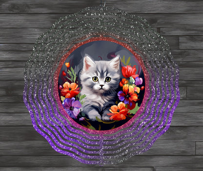 Cute Kitten and Flowers Wind Spinner Sublimation Design PNG