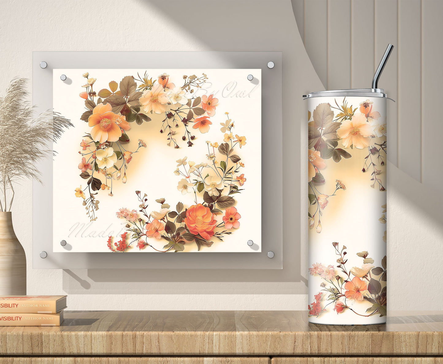 Brown Boho Wildflowers Tumbler Wrap, 20oz Sublimation Design PNG