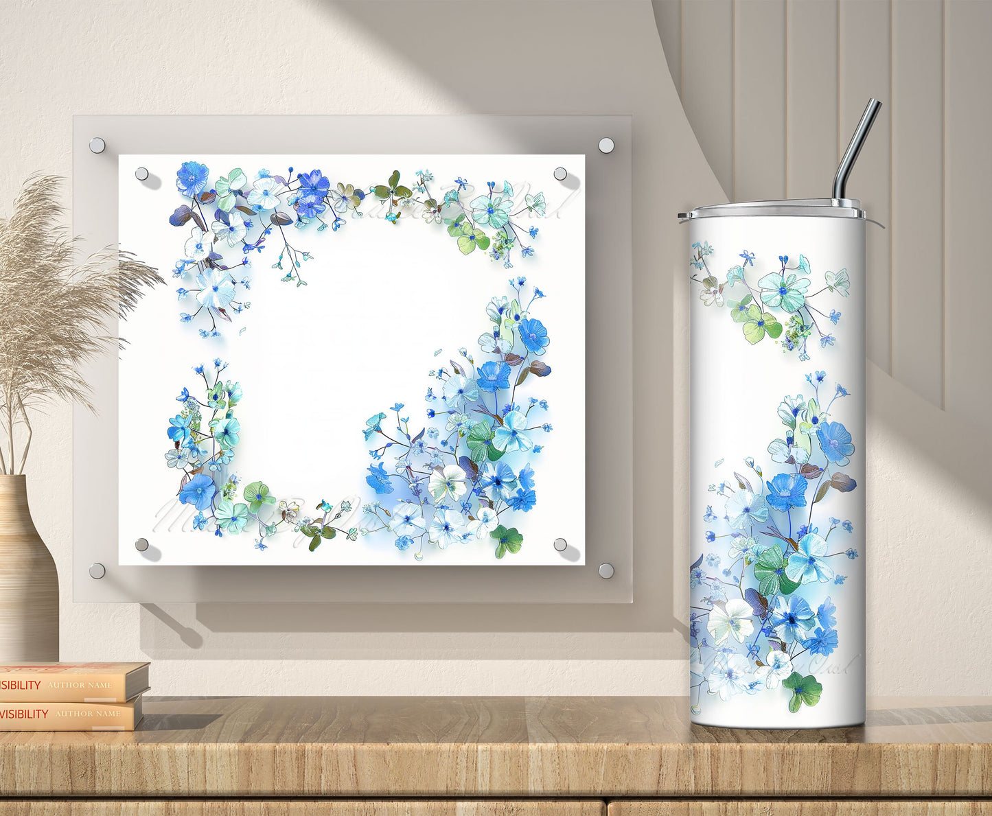 Blue Wildflowers Frame Tumbler Wrap, 20 oz Sublimation Design PNG
