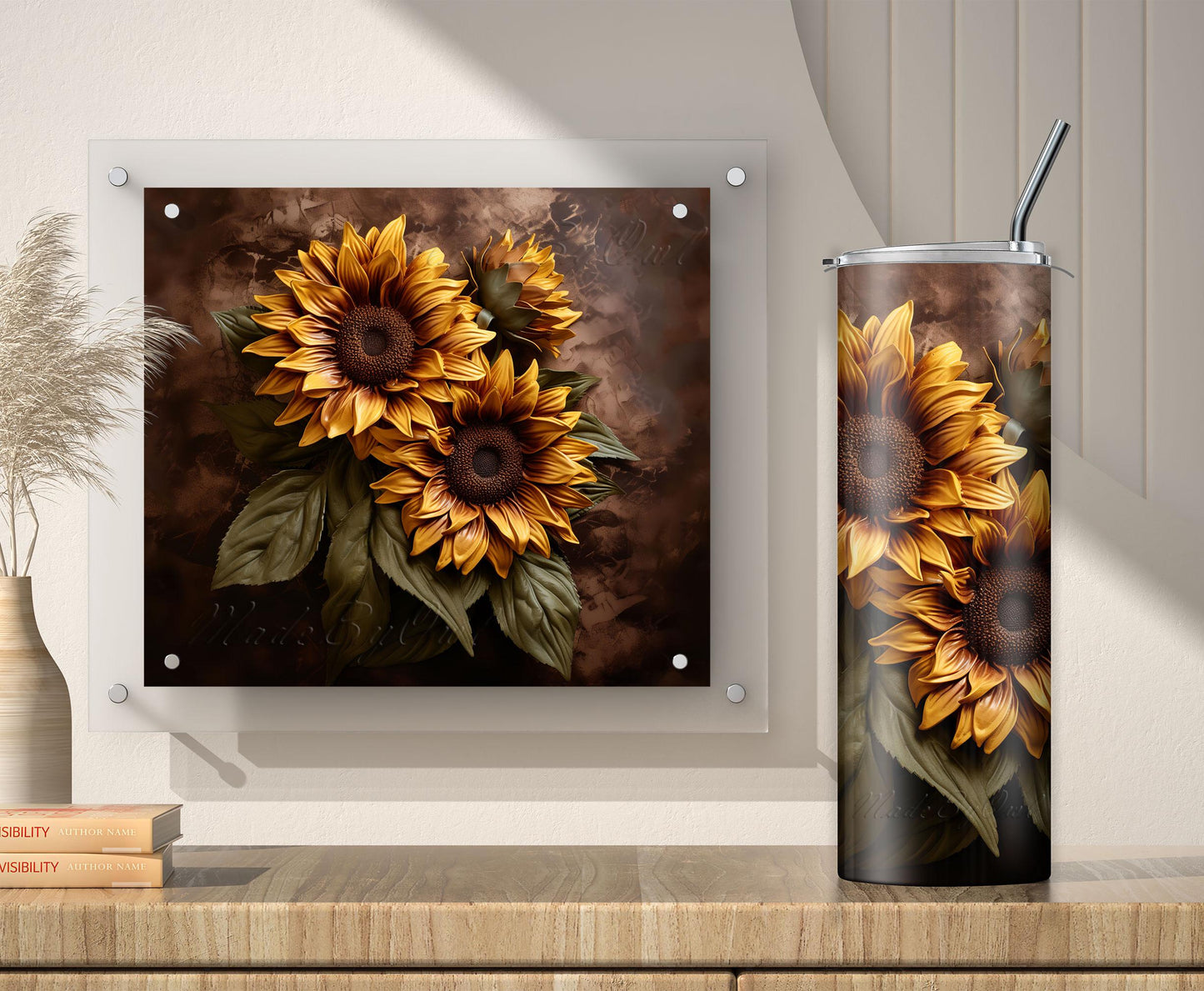 3D Sunflowers Tumbler Wrap, 20oz Sublimation Design PNG