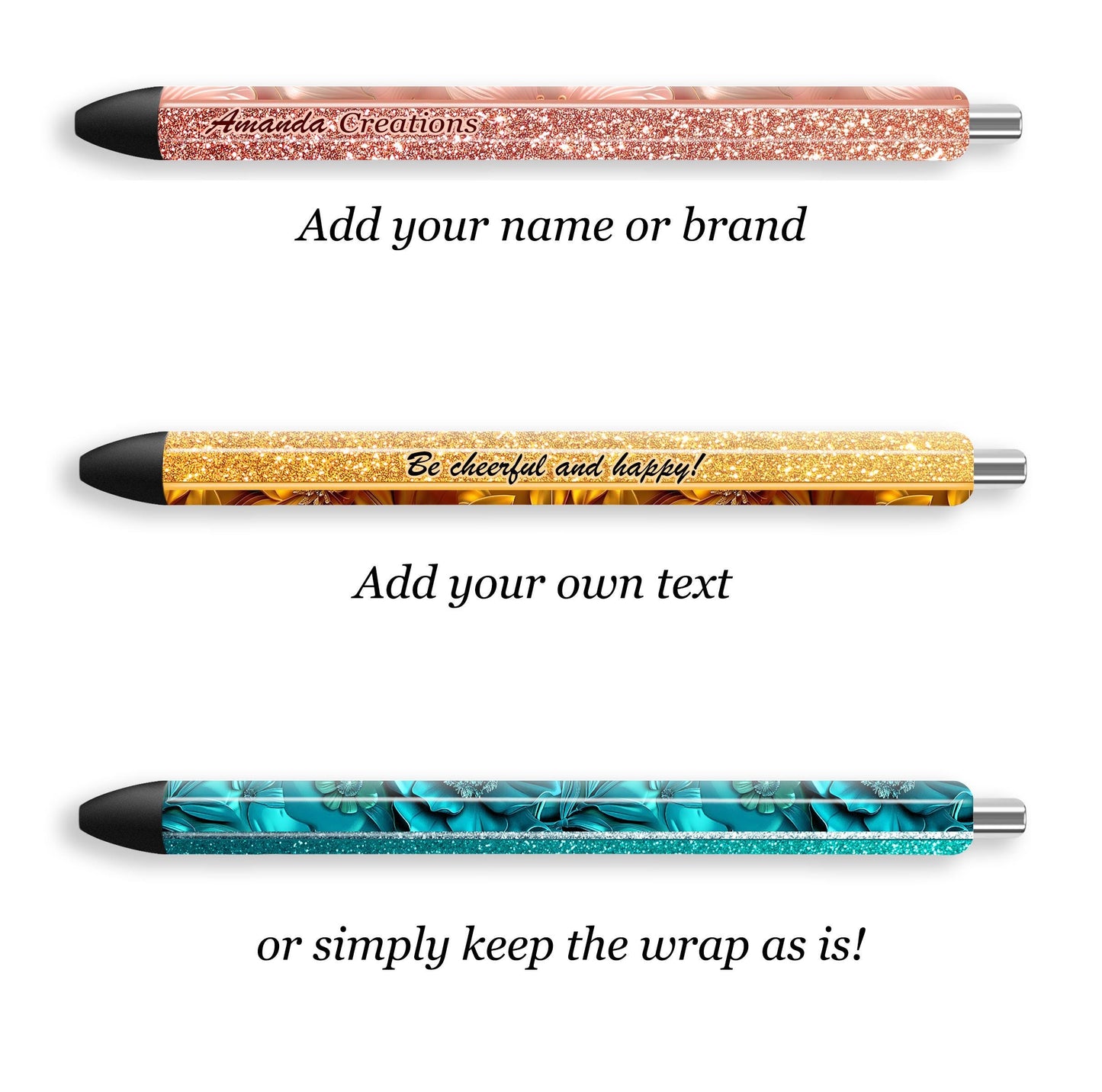 3D Flowers Glitter Pen Wraps PNG, 15 Sublimation Designs