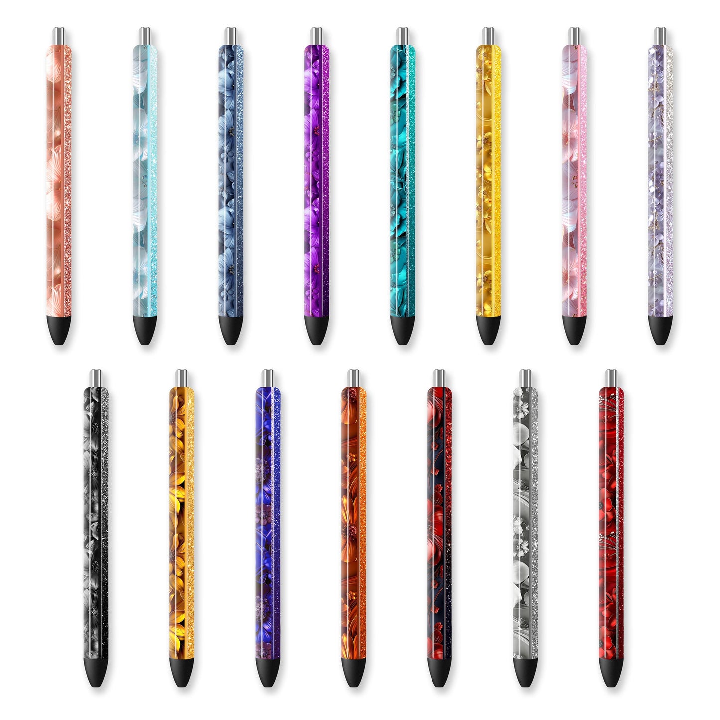 3D Flowers Glitter Pen Wraps PNG, 15 Sublimation Designs