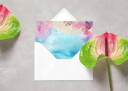 Pink Floral Watercolor Background with Aqua Center