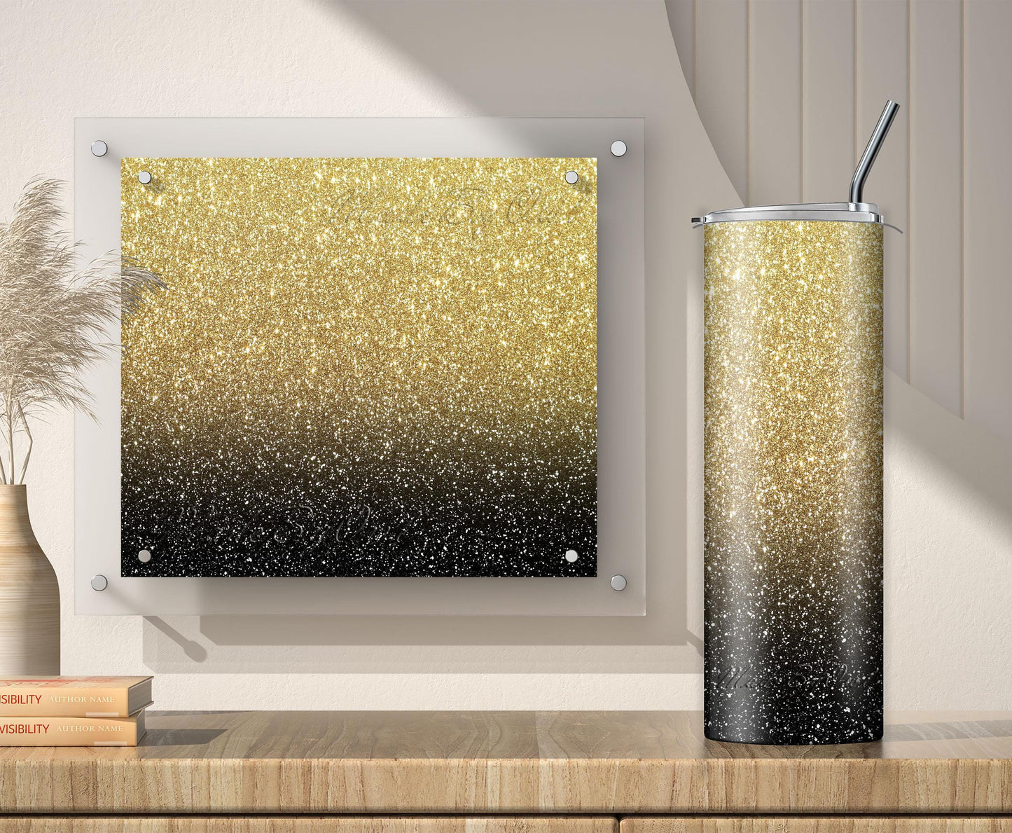 3 Gold and Black Glitter Tumbler Sublimation Designs – Ombre, 20oz, 3 PNG Wraps