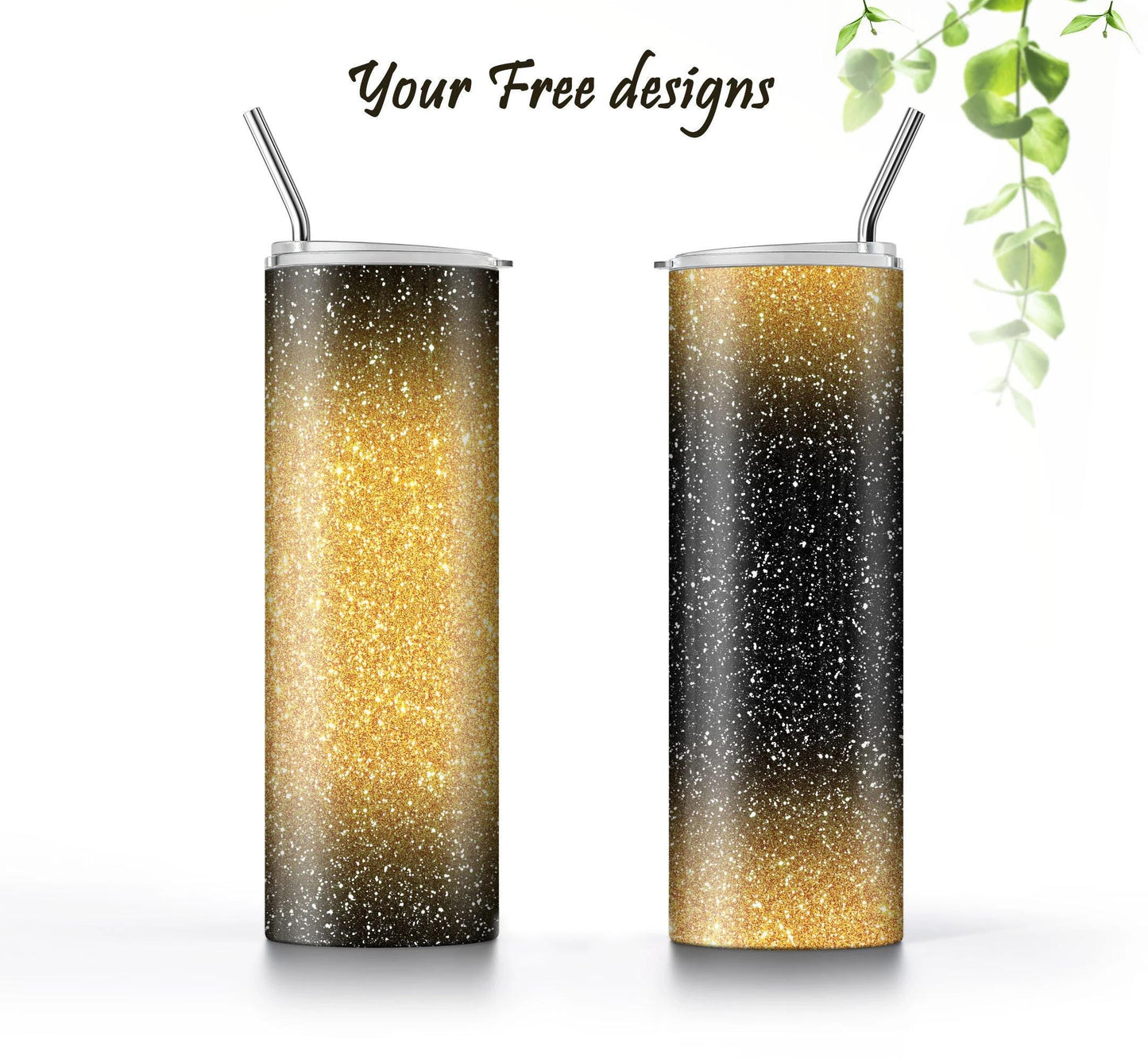 3 Gold and Black Glitter Tumbler Sublimation Designs – Ombre, 20oz, 3 PNG Wraps