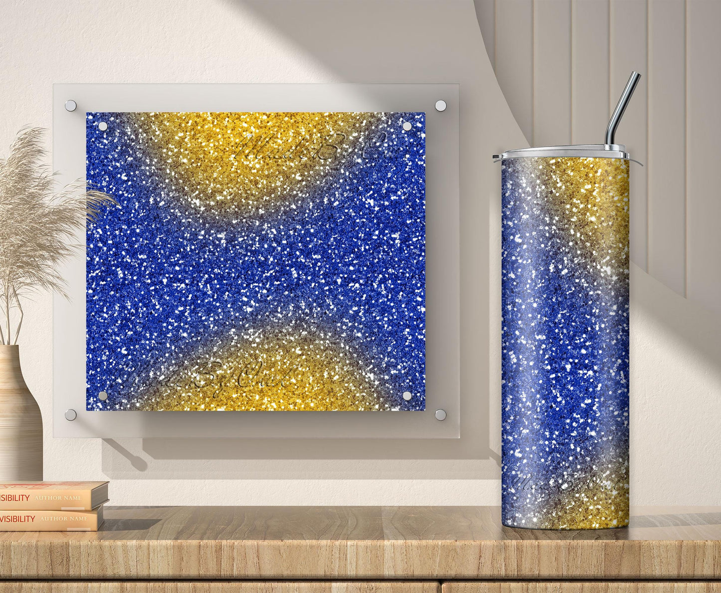 Gold and Blue Glitter Tumbler Sublimation Designs – Ombre, 20oz, 3 PNG Wraps