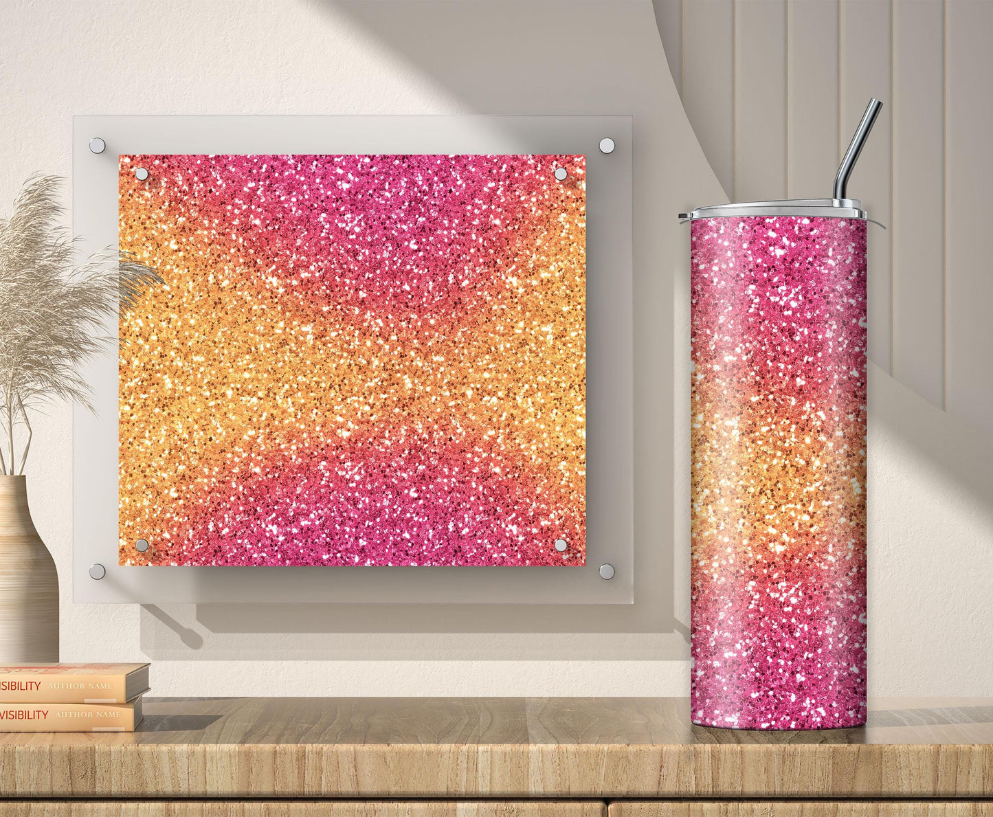 3 Gold and Pink Glitter Tumbler Sublimation Designs – Ombre, 20oz, 3 PNG Wraps