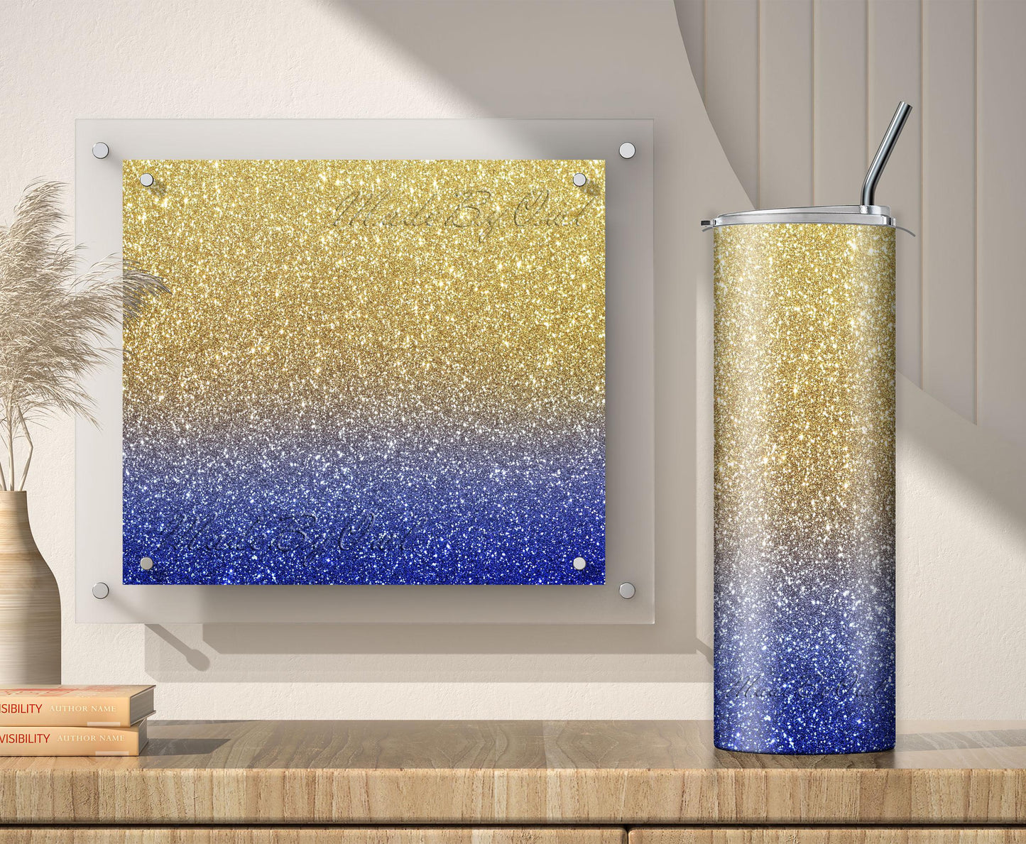 Gold and Blue Glitter Tumbler Sublimation Designs – Ombre, 20oz, 3 PNG Wraps