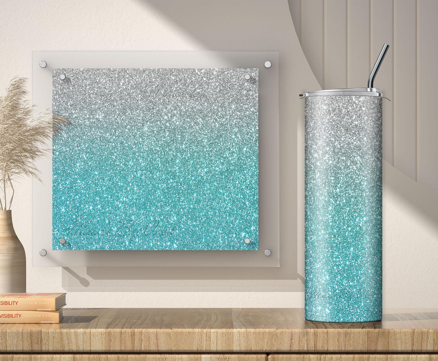 3 Teal and Gold Glitter Tumbler Sublimation Designs – 20oz, 3 PNG Wraps