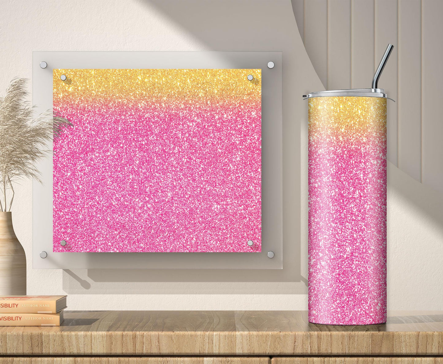 3 Gold and Pink Glitter Tumbler Sublimation Designs – Ombre, 20oz, 3 PNG Wraps