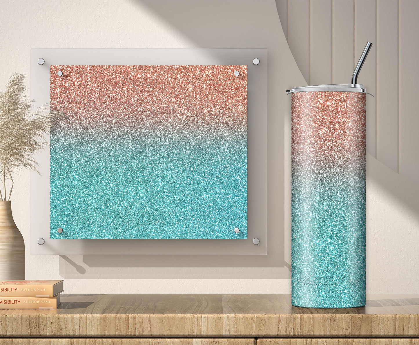3 Teal and Gold Glitter Tumbler Sublimation Designs – 20oz, 3 PNG Wraps
