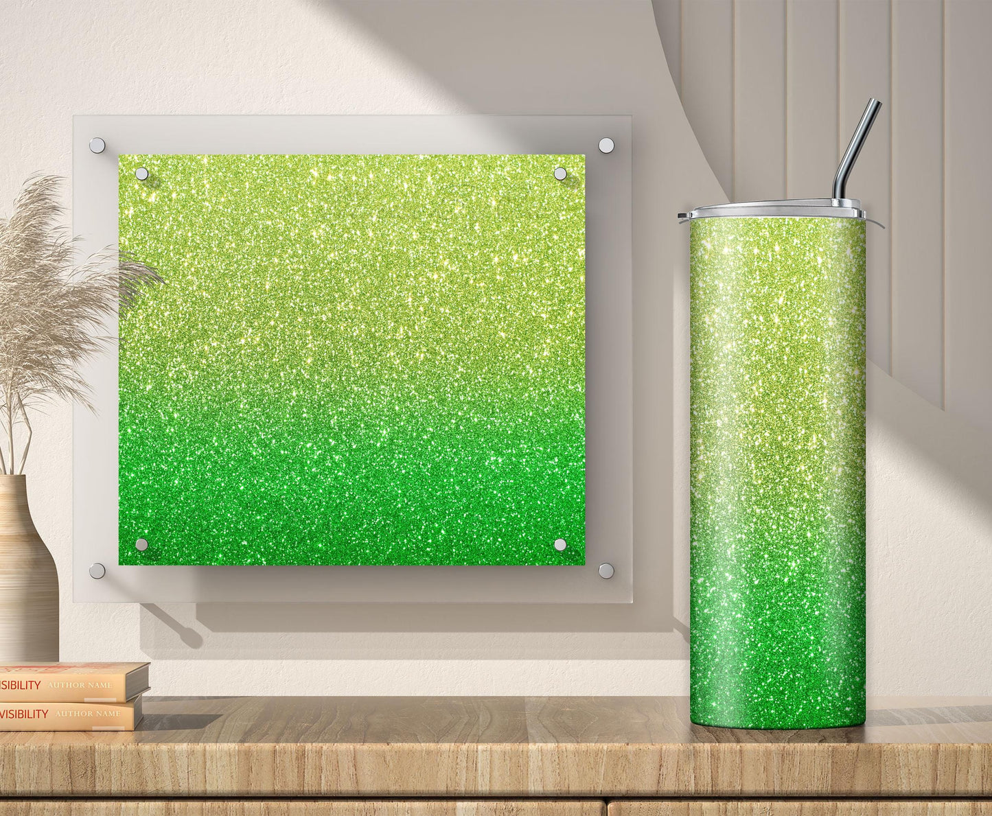 Lime Green Glitter Tumbler Sublimation Designs – Ombre, 20oz, 3 PNG Wraps