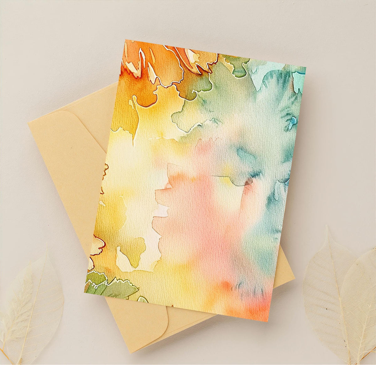 Orange Floral Watercolor Background with Teal Washes, Digital Download