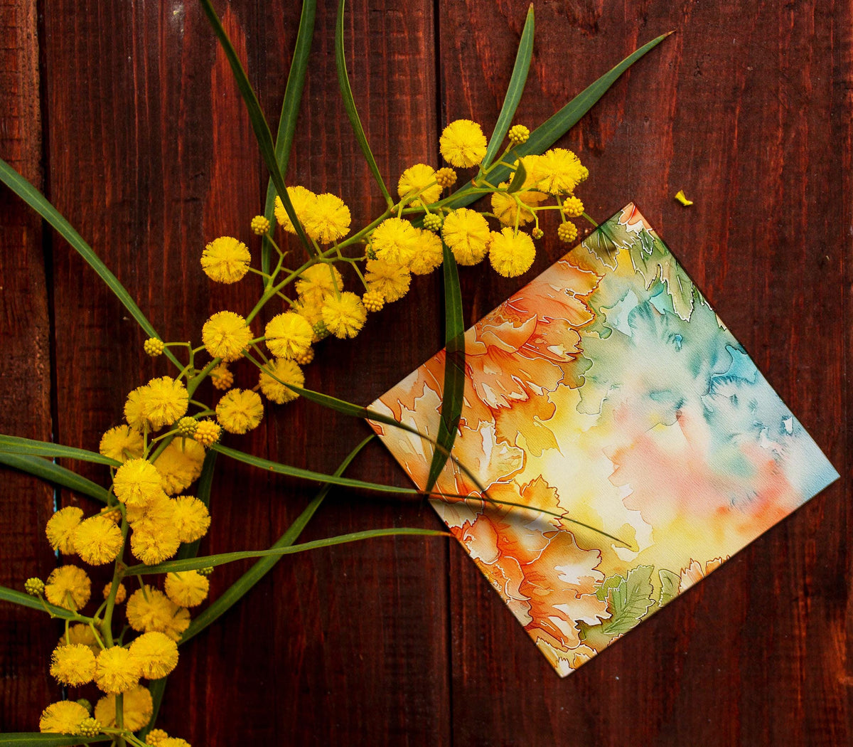 Orange Floral Watercolor Background with Teal Washes, Digital Download