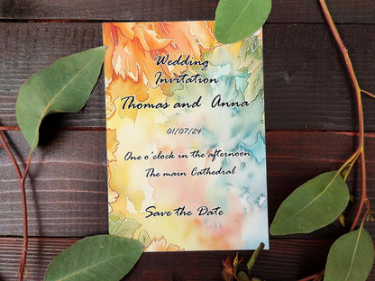 Orange Floral Watercolor Background with Teal Washes, Digital Download