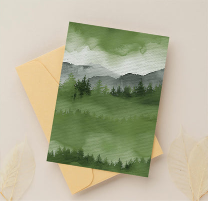 Green Forest Watercolor Background, Mountain Landscape Digital Download