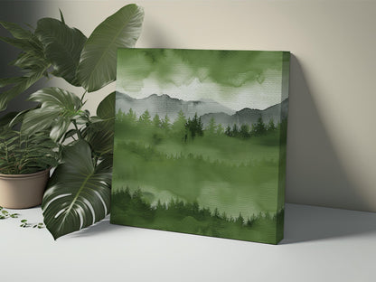 Green Forest Watercolor Background, Mountain Landscape Digital Download