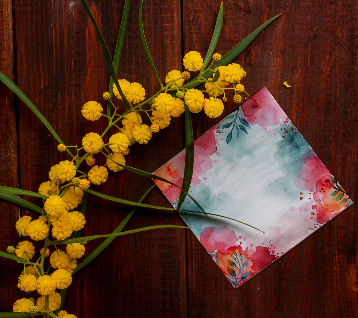 Red Floral Watercolor Background with Teal Washes, Digital Download
