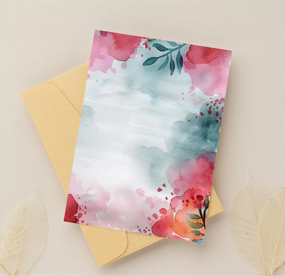 Red Floral Watercolor Background with Teal Washes, Digital Download