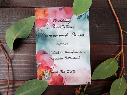 Red Floral Watercolor Background with Teal Washes, Digital Download