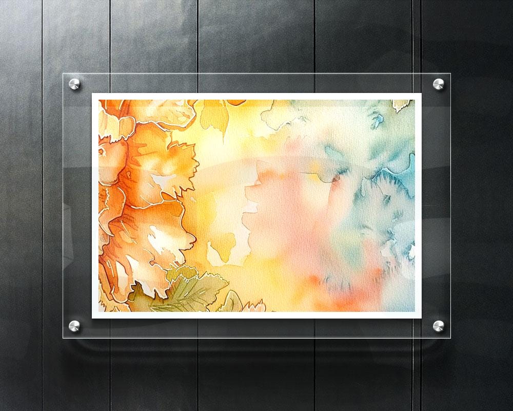 Orange Floral Watercolor Background with Teal Washes, Digital Download