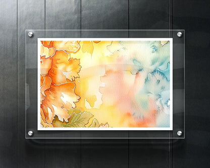 Orange Floral Watercolor Background with Teal Washes, Digital Download