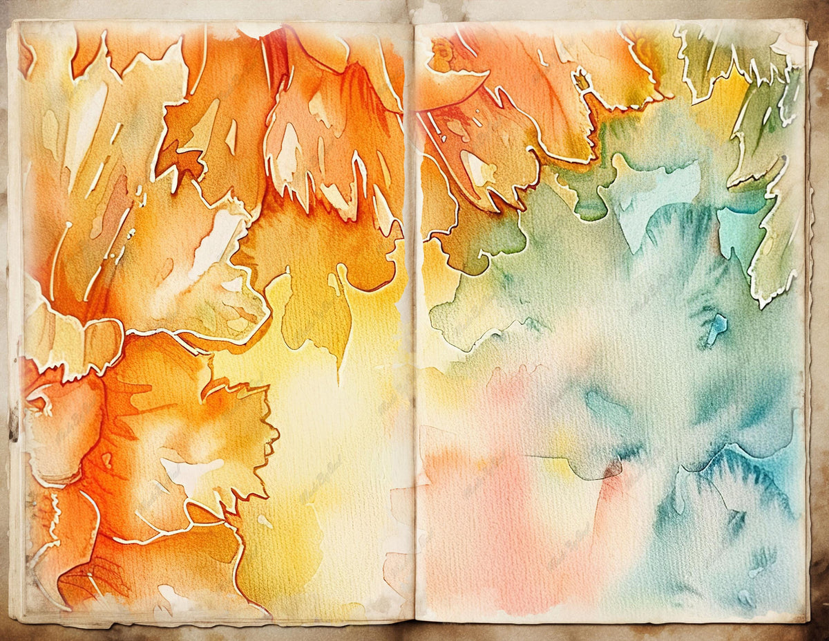 Orange Floral Watercolor Background with Teal Washes, Digital Download