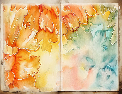 Orange Floral Watercolor Background with Teal Washes, Digital Download