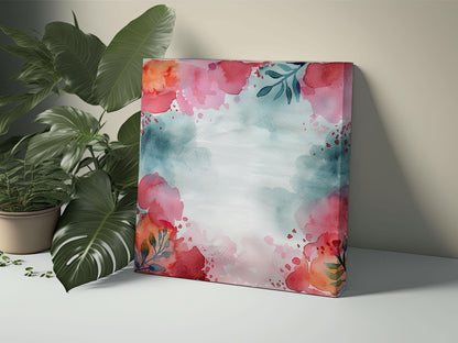Red Floral Watercolor Background with Teal Washes, Digital Download