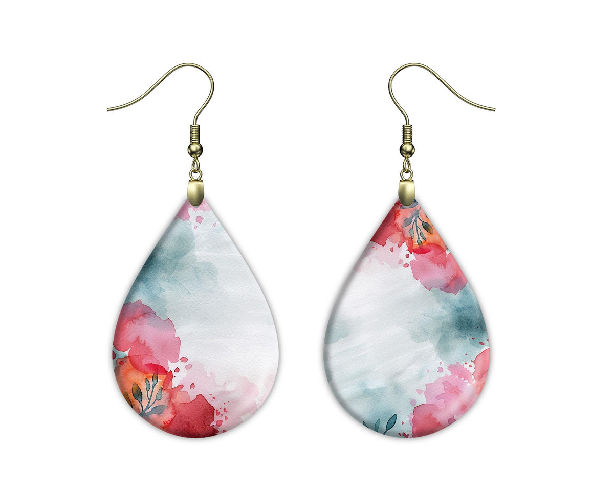 Red Floral Watercolor Background with Teal Washes, Digital Download