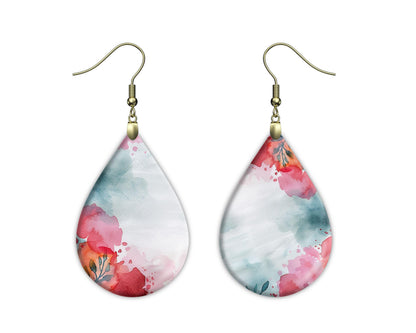 Red Floral Watercolor Background with Teal Washes, Digital Download