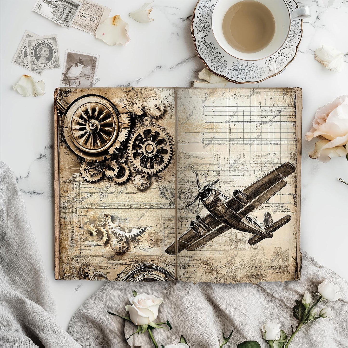 Steampunk Junk Journal Kit, Printable Vintage Plane Ephemera