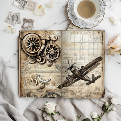 Steampunk Junk Journal Kit, Printable Vintage Plane Ephemera