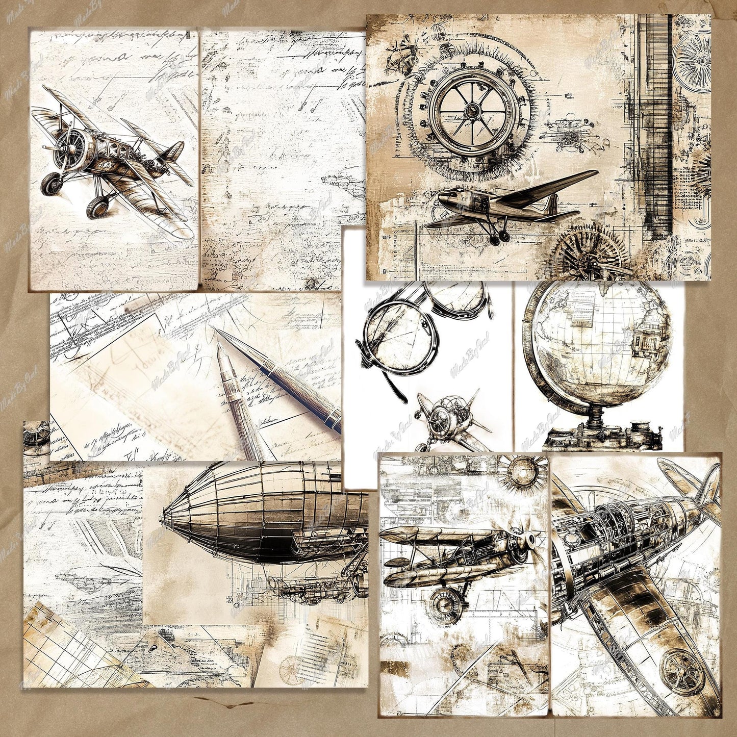 Steampunk Junk Journal Kit, Printable Vintage Plane Ephemera