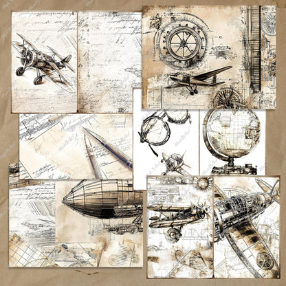 Steampunk Junk Journal Kit, Printable Vintage Plane Ephemera