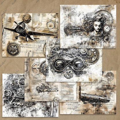 Steampunk Junk Journal Kit, Printable Vintage Plane Ephemera