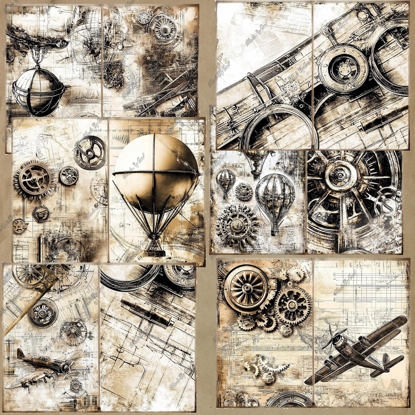 Steampunk Junk Journal Kit, Printable Vintage Plane Ephemera