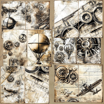 Steampunk Junk Journal Kit, Printable Vintage Plane Ephemera