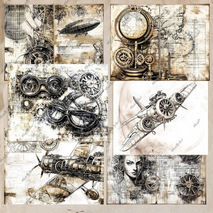 Steampunk Junk Journal Kit, Printable Vintage Plane Ephemera
