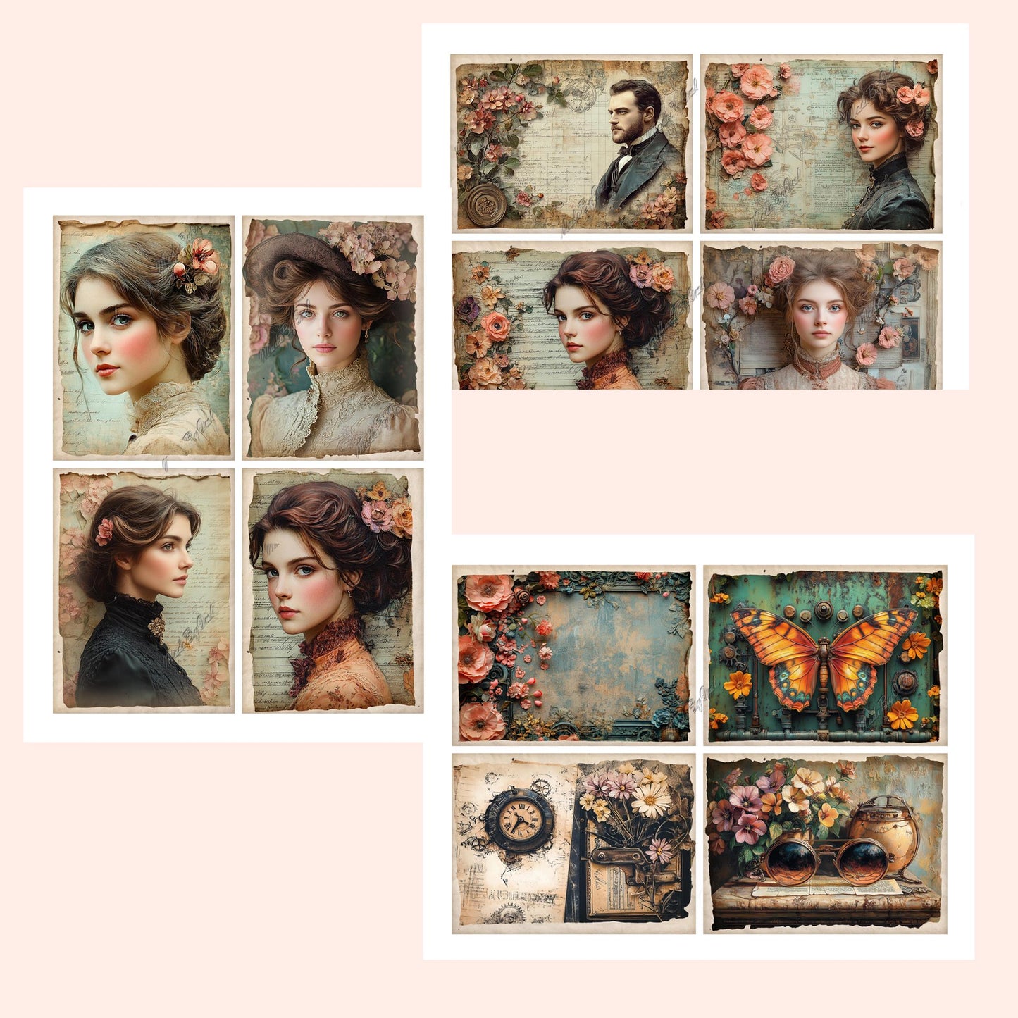 Steampunk Floral Junk Journal Kit, Vintage Printable Ephemera