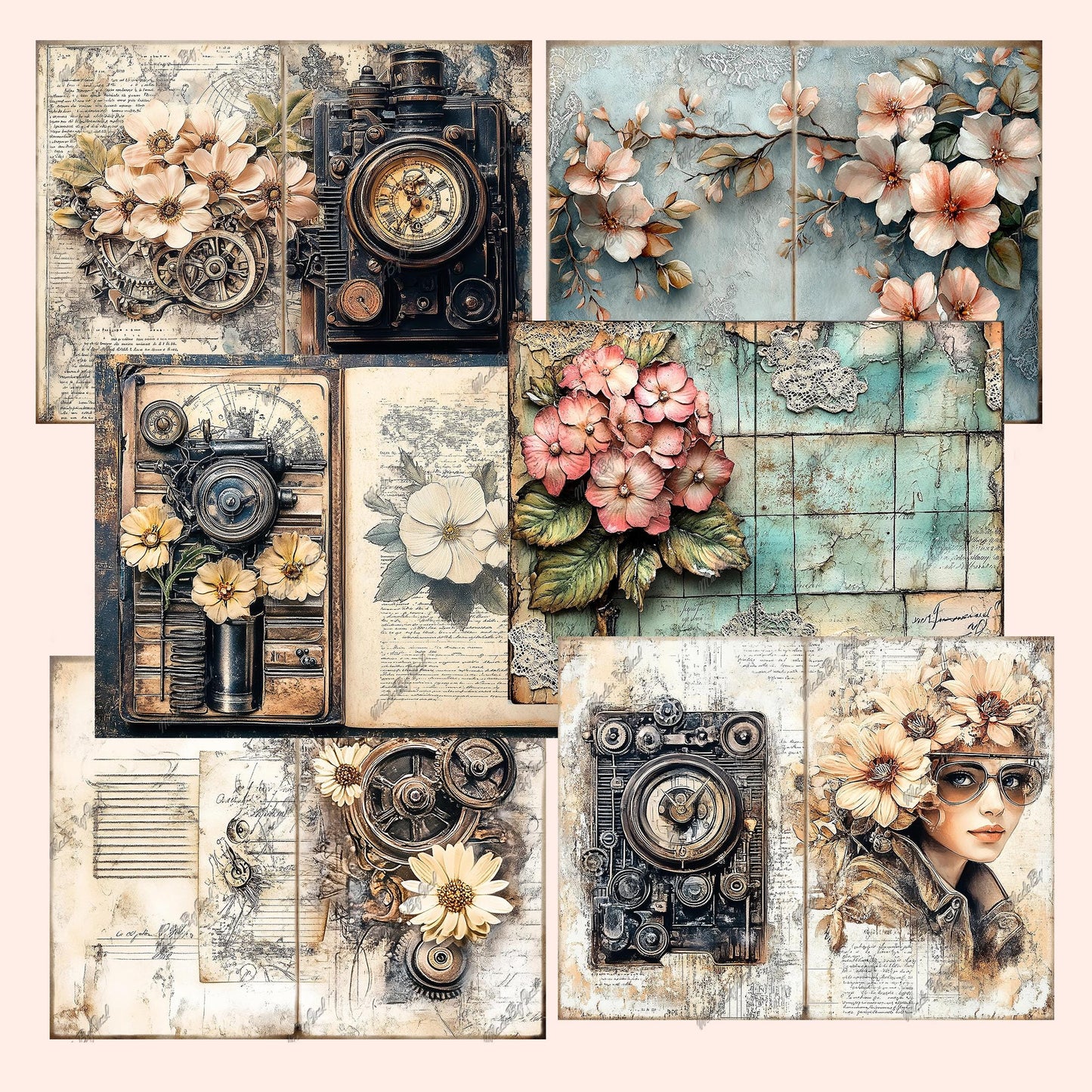 Steampunk Floral Junk Journal Kit, Vintage Printable Ephemera