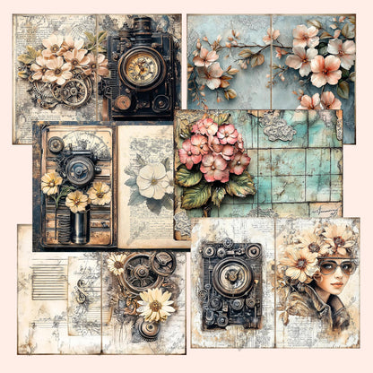 Steampunk Floral Junk Journal Kit, Vintage Printable Ephemera